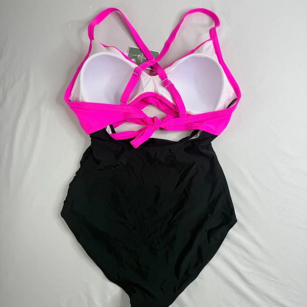 Tummy Control Slimming Pink and Black Cutout One Piece Swimsuit Ruched Large NWT